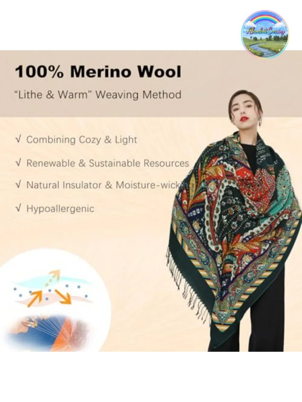 100% Merino Wool Oversized Pashmina Shawl Wrap for Women, 96x43, Tassels, Gift